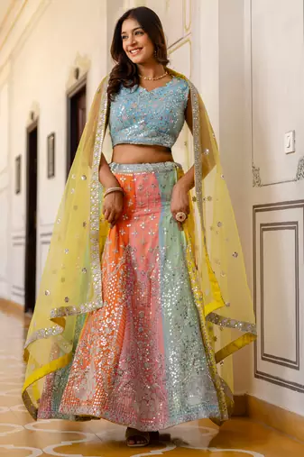 multi color sequins georgette lehenga set choli with dupatta with dupatta