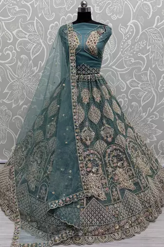 Glorious Teal Blue Net Wedding Wear Lehenga Choli With Dupatta
