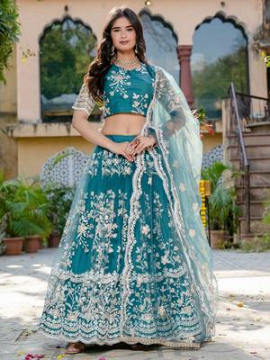 rama blue thread embroidered lehenga set choli with dupatta 1