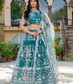 rama blue thread embroidered lehenga set choli with dupatta