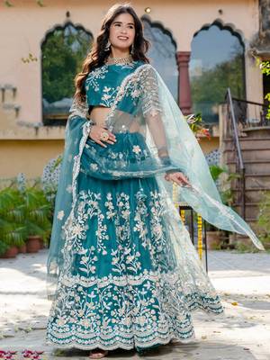 rama blue thread embroidered lehenga set choli with dupatta 2