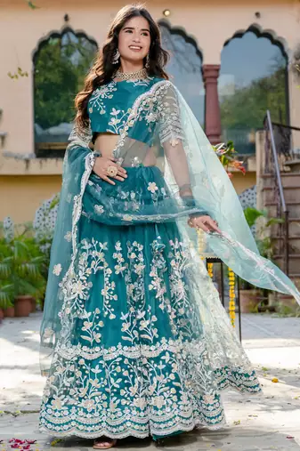 rama blue thread embroidered lehenga set choli with dupatta