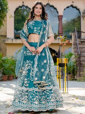 rama blue thread embroidered lehenga set choli with dupatta 3