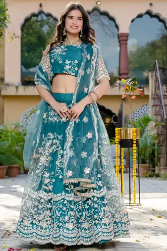 rama blue thread embroidered lehenga set choli with dupatta