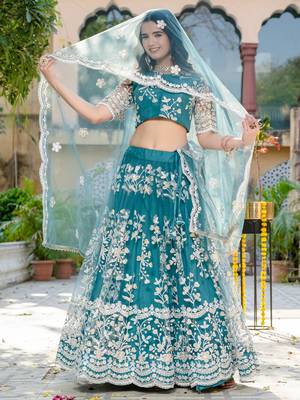 rama blue thread embroidered lehenga set choli with dupatta 4