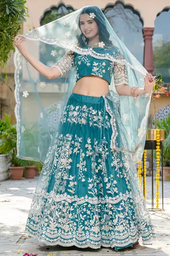 rama blue thread embroidered lehenga set choli with dupatta