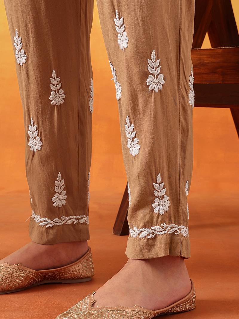 Hand Embroidered Taupe Brown Rayon Lucknowi Chikankari Indian Co-Ord Set For Women