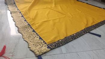 Mustar Vichitra Art silk Embriodered Lace Saree With Blouse Piece. 6