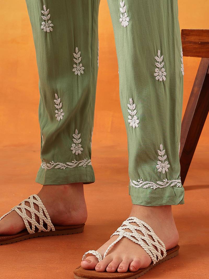 Hand Embroidered Sage Green Rayon Lucknowi Chikankari Indian Co-Ord Set For Womens