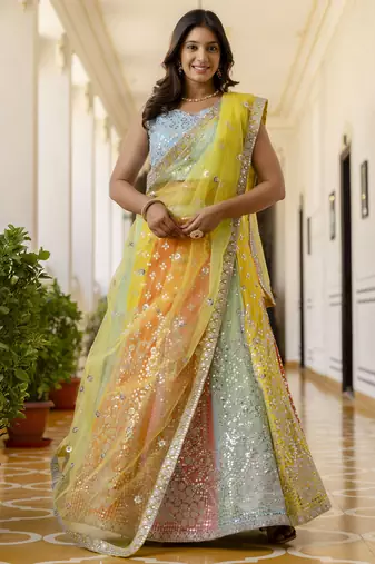 multi color sequins georgette lehenga set choli with dupatta with dupatta