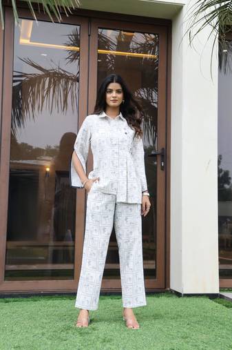 Blue printed cotton shirt & trousers co-ord-set