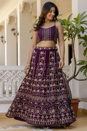 wine georgette sequins party lehenga set choli with dupatta