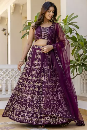 wine georgette sequins party lehenga set choli with dupatta