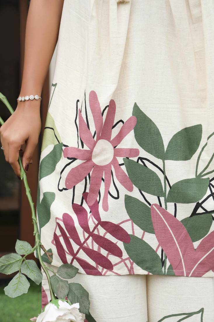 Off white printed cotton tunic & palazzos co-ord-set