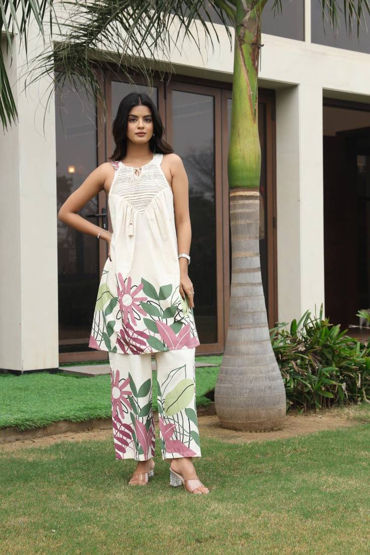 Off white printed cotton tunic & palazzos co-ord-set