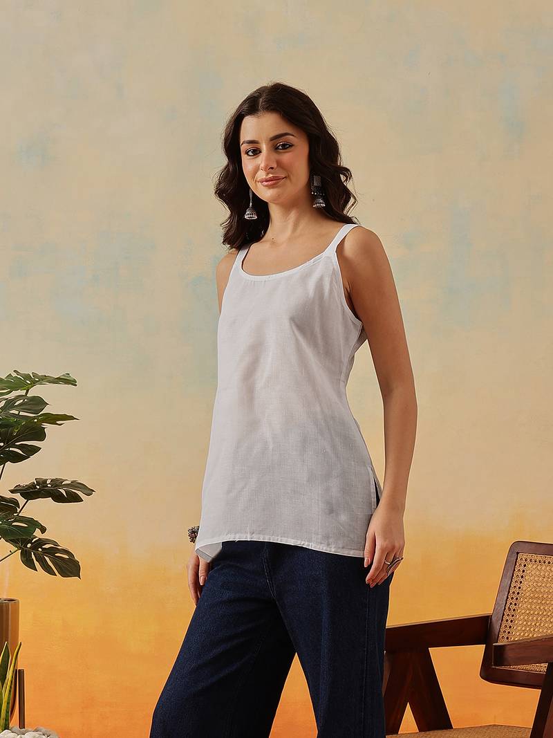 Women Hand Embroidered White Kota Lucknow Chikankari Short Kurti With Slip