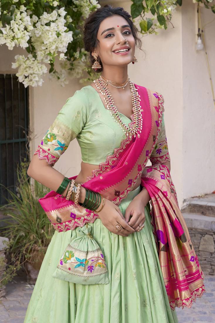 Pista Green Zari Weaving Lehenga Choli With Dupatta