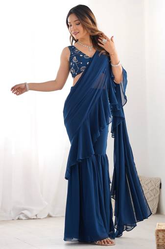 Attractive Blue Georgette Sequins Ready To Wear Sharara Saree