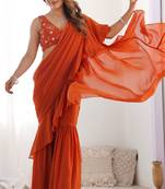 ready to wear graceful rust zari embroidered georgette sharara saree