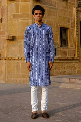 Blue cotton argyle hand block full sleeve kurta for mens 1