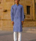 Blue cotton argyle hand block full sleeve kurta for mens