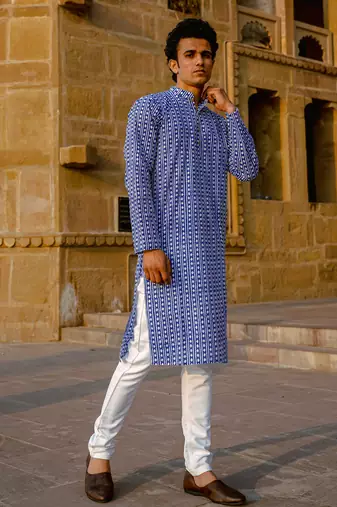 Blue cotton argyle hand block full sleeve kurta for mens
