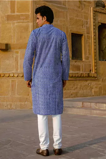 Blue cotton argyle hand block full sleeve kurta for mens