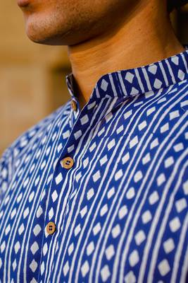 Blue cotton argyle hand block full sleeve kurta for mens 4