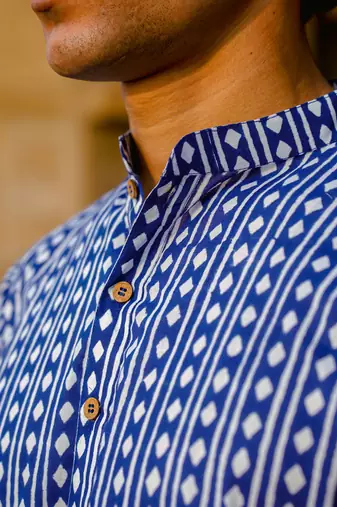 Blue cotton argyle hand block full sleeve kurta for mens