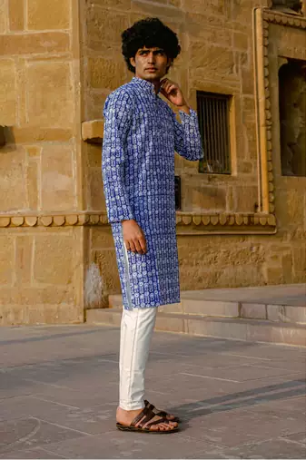 Blue cotton full sleeve kurta for mens