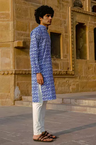 Blue cotton full sleeve kurta for mens