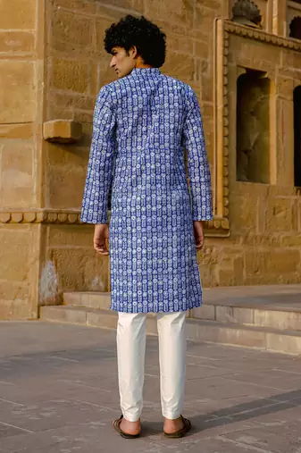 Blue cotton full sleeve kurta for mens