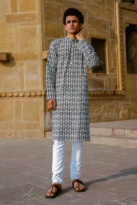 Black cotton woven full sleeve kurta for mens 1