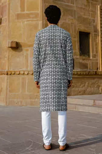 Black cotton woven full sleeve kurta for mens