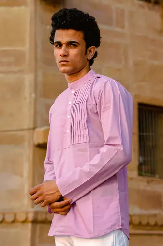 Lavender cotton full sleeve Short kurta for mens