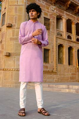Lavender embroidered cotton full sleeve kurta for mens 1