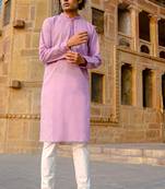 Lavender embroidered cotton full sleeve kurta for mens