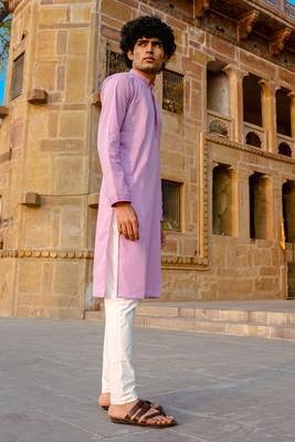 Lavender embroidered cotton full sleeve kurta for mens 2