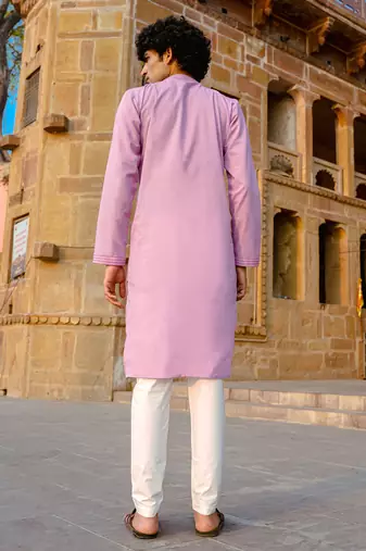 Lavender embroidered cotton full sleeve kurta for mens