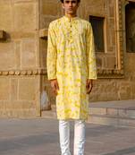 Yellow cotton full sleeve kurta for mens