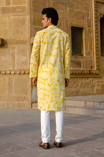 Yellow cotton full sleeve kurta for mens