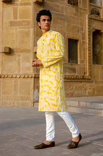 Yellow cotton full sleeve kurta for mens