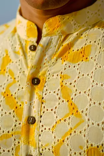 Yellow cotton full sleeve kurta for mens