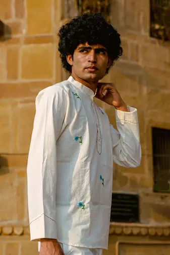 White cotton full sleeve Short kurta for mens