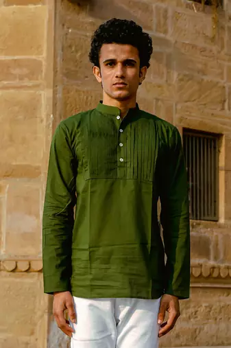 Forest green cotton full sleeve Short kurta for mens