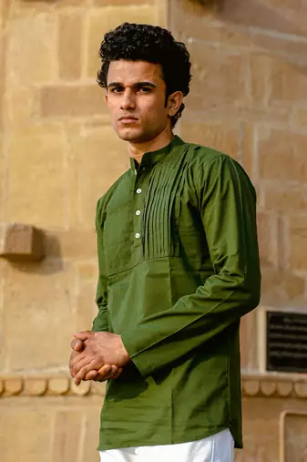 Forest green cotton full sleeve Short kurta for mens