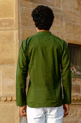 Forest green cotton full sleeve Short kurta for mens
