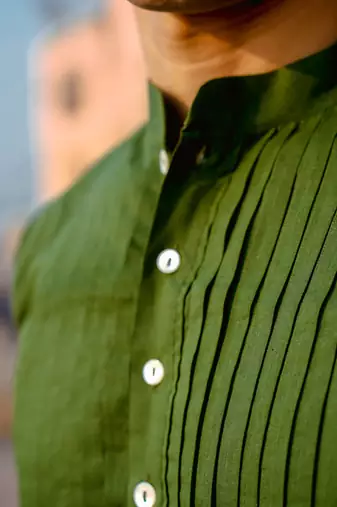 Forest green cotton full sleeve Short kurta for mens