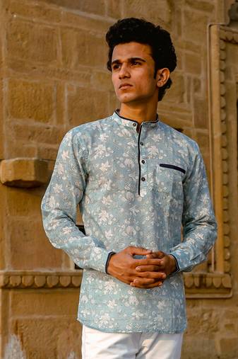 Ice grey cotton full sleeve Short kurta for mens