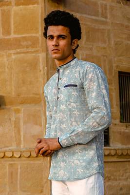 Ice grey cotton full sleeve Short kurta for mens 2